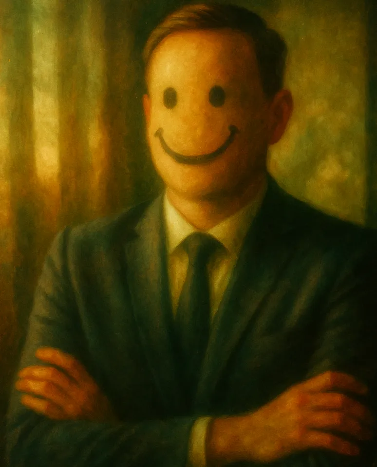 Gemälde eines Anwalts im Anzug, dessen Gesicht durch einen Smiley ersetzt ist